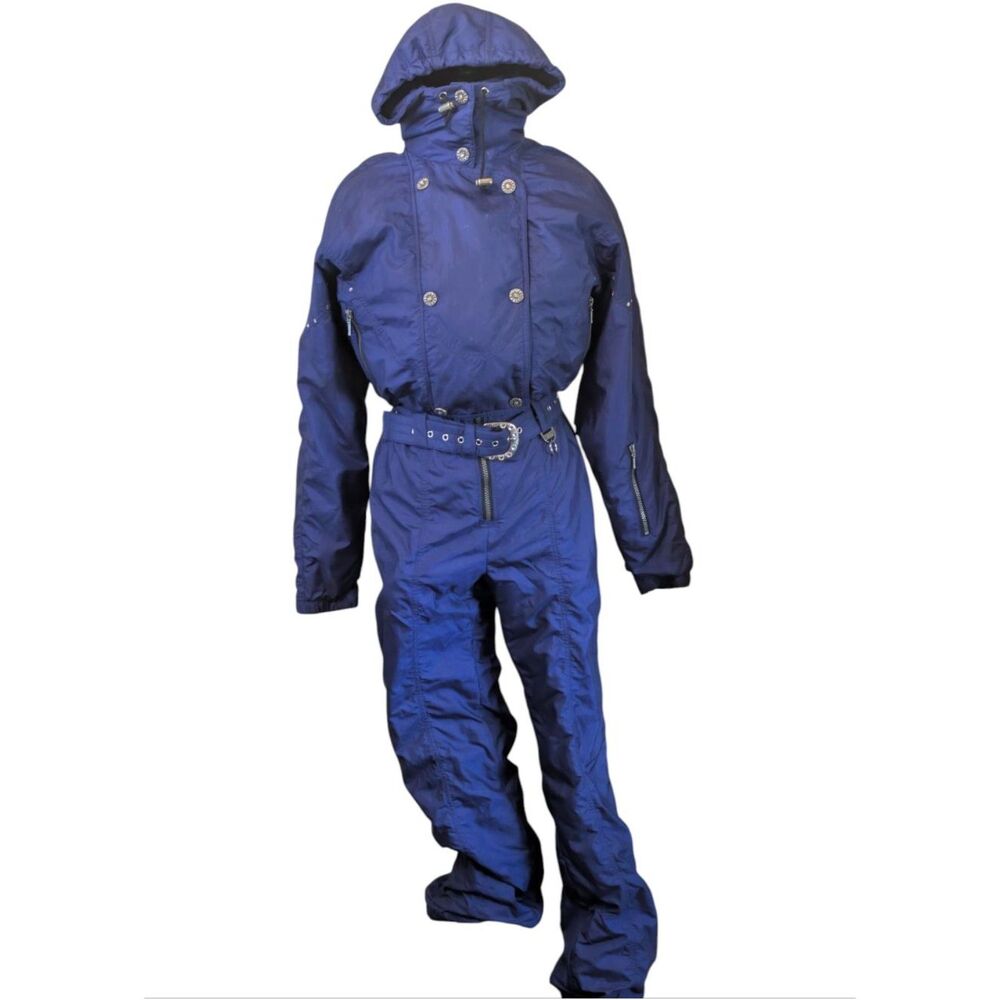 Vintage Nils Skiwear One Piece Ski Suit Size 6 Insulated Blue Rhinestone Belt